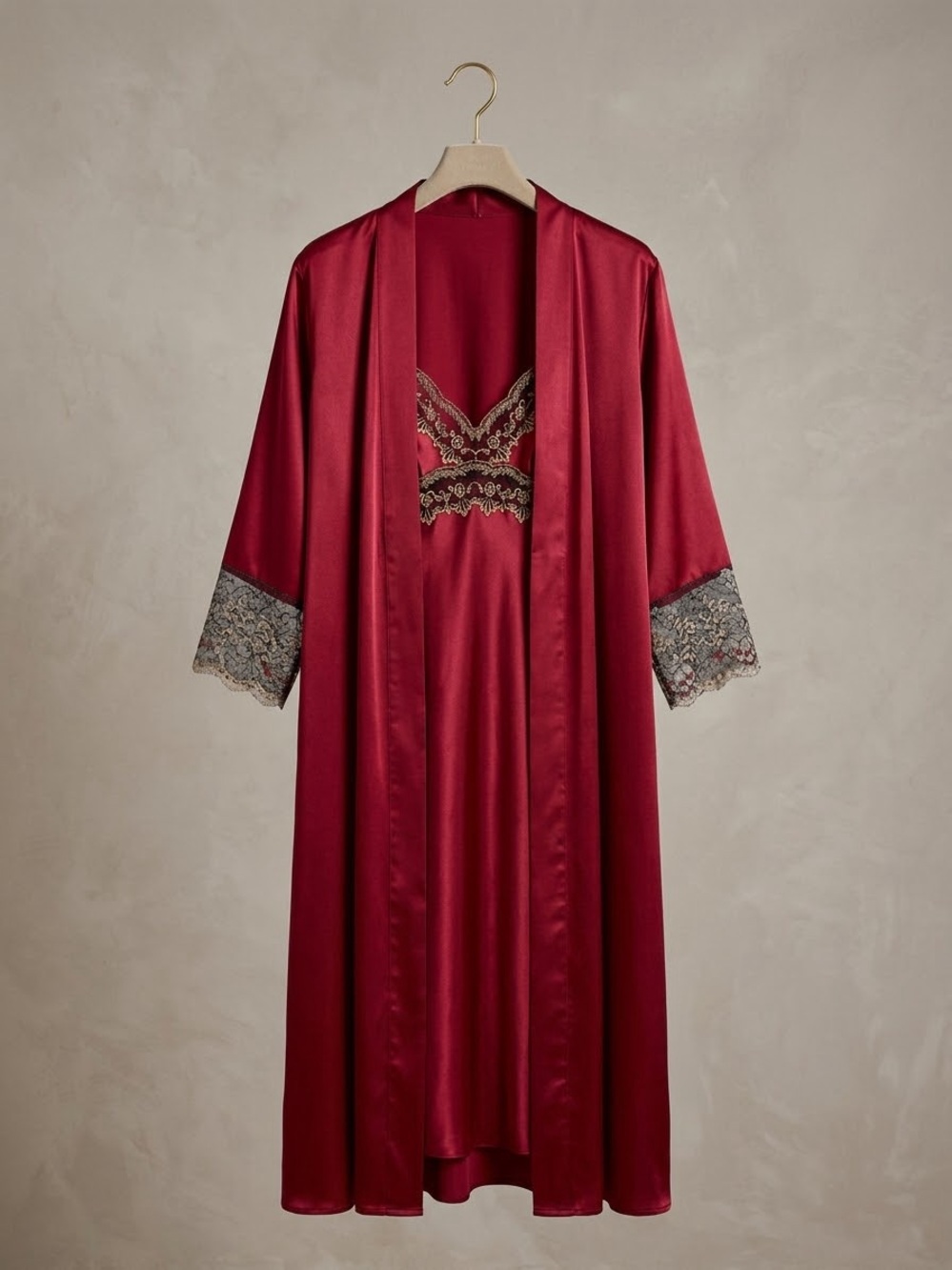 Valerie Stevens Deep Burgundy Satin Robe & Lace-Trim Slip